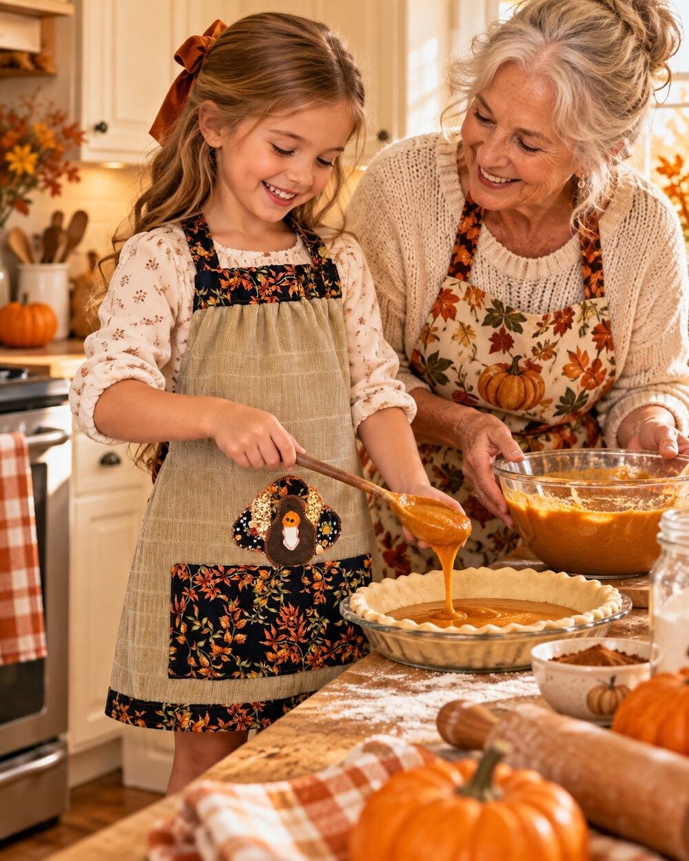 Handmade Thanksgiving Apron Kids Child Fall Baking Apron Adjustable Pockets